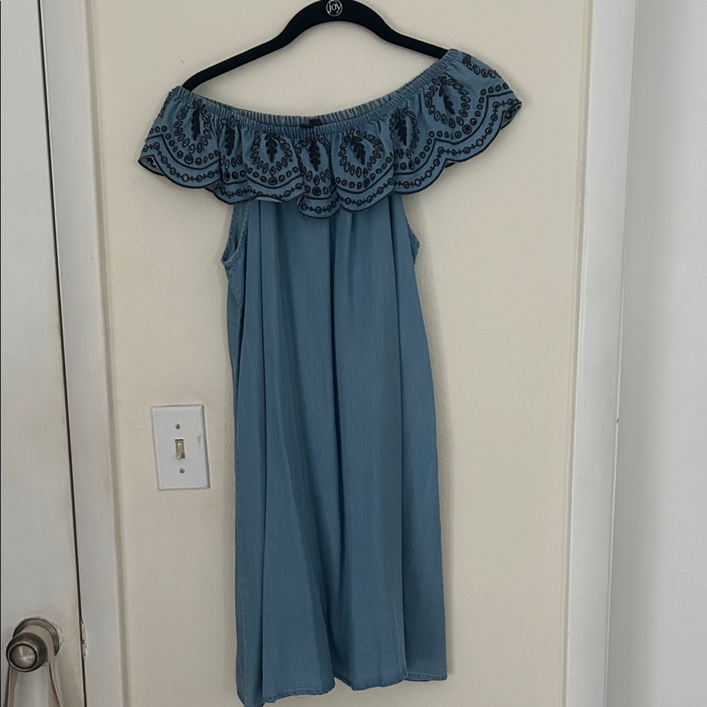 Light Blue Denim Embroidered Off the Shoulder Dress